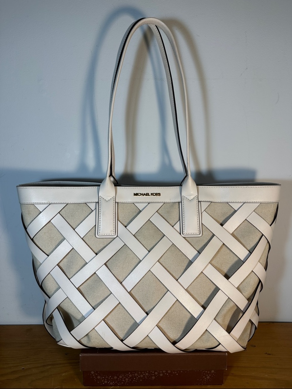 Michael Kors Cream and White Woven Lattice Tote